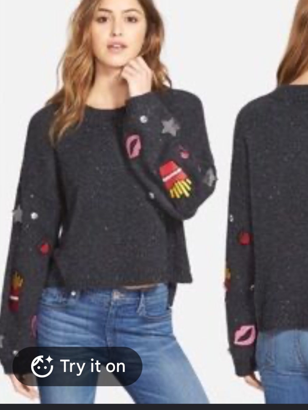 Wildfox Charcoal Gray Glamour Patches Fries Wine Lips Rhinestone Sweater Size M